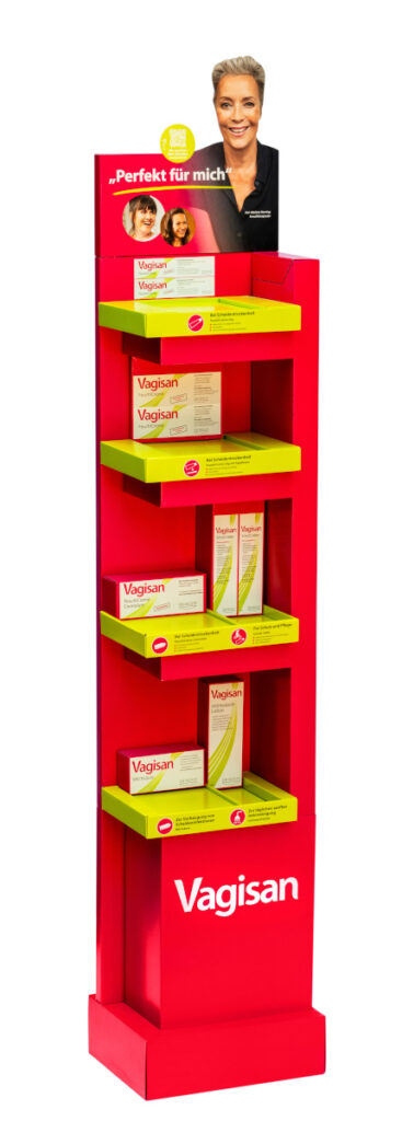 Beispiel eines Bodenaufstellers in roter Farbe, mit vier farblich abgesetzten Fächern zur Produktpräsentation.