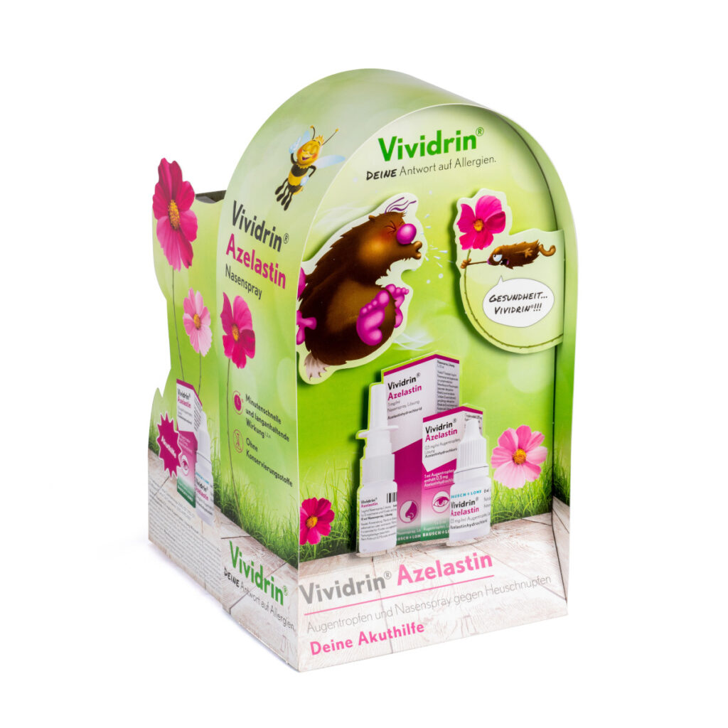 Beispiel für ein Thekendisplay mit abgerundeter Oberseite, auf allen Seiten bunt bedruckt.