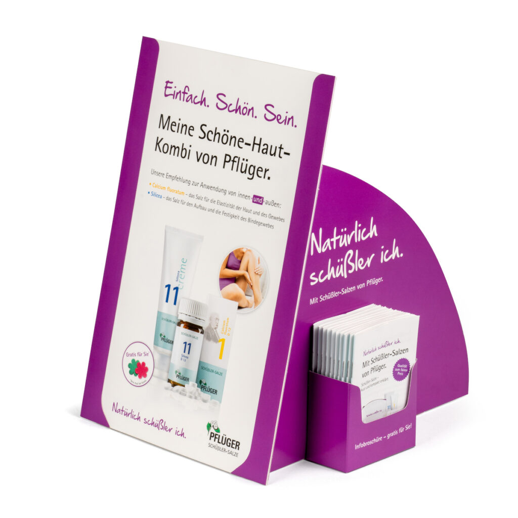 Beispiel für ein Thekendisplay zur Kundeninformation, mit seitlich angehängtem Fach für Produktbroschüren.