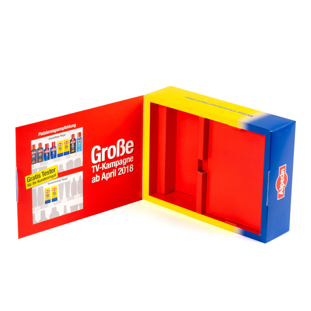 Beispiel für eine aufklappbare Verpackung mit zwei Fächern für verschiedene Produkte.
